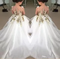 Nuevo diseño Vestidos de niñas de flores 2023 para bodas mangas largas lentejuelas doradas vestidos de fiesta de la fiesta de la primera comunión para niños adolescentes BA3079 GB0920