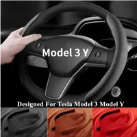 Easy Install Alcantara Suede Car Steering Wheel Cover For Tesla Model 3 Model Y Accessories AntiFur Fit D Shape Round Shape New J220808