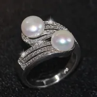 2018 New Arrival Top Selling Luxury Jewelry 925 Sterling Silver Two Pearl Pave CZ Diamond Party Office Women Band Ring For Lovers'310p