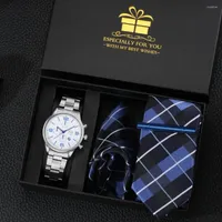 Polshorloges Fashion Tie Watch Set Men Silver Classic Quartz Man's Blue Plaid Square sjaal Sjaals Kit Luxe geschenken met doos voor mannelijk