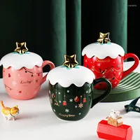Canecas Copo de Natal Adorável Floco de neve Elk Print Ceramic Water Bottle com tampa e colher amantes de decalques de alta temperatura Café de leite
