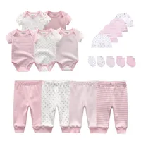 2022 Cotton Solid born Baby Sets Unisex Bodysuits Pants Hats Gloves Baby Girl Boy Clothes Short Sleeve Roupas de bebe 220224266K