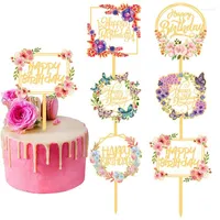 Festliga leveranser 1/3st Grattis på födelsedagen Flower Butterfly Gold Akryl Cake Topper Cupcake Insert Card för Party Baby Shower Dessert Decor