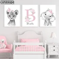 Cheap Garden Home DecorPainting & Calligraphy Nursery Posters Name Custom Poster Elephant Lion Jungle Animals Canvas Painting Pi...