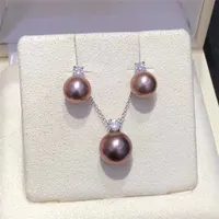Natural Pearl Pendant Necklace and Earring Set Made of Gold-Plated and S925 Silver Fresh Water White Pink Purple Strong Light Round 10-11mm Gift for Women Jewelry