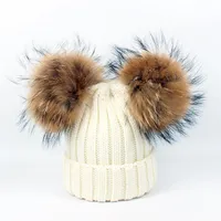 2020 New double natural Pom Poms hat Girls Boys Winter Warm Fur Pompom Ball Knitted Beanies Hat Skullies Beanies Cotton Bonnet LJ2012252299