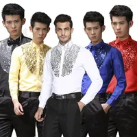 Stage Wear Mens Fashion Latin Dance Top Long-Sleeved Shirts With Sequins Flash Ballroom Dancing Tops Shirt Male Wedding Dress