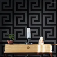 Wallpapers geometrische wandpapieren zwart grijs luxe satijneffect groot Griekse sleutel behang woonkamer achtergrond decor