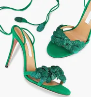 Zarif Tasarım Galaktik Çiçek Sandals Ayakkabı Kadın İnce Straps Strapy Party Düğün Gelin Pompaları Yeşil Süet Siyah Deri Leydi Yüksek Topuklular
