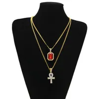 Egyptische Ankh Key of Life Bling Rhinestone Cross Pendant met rode Ruby Pendant Necklace Set Men Hip Hop Jewelry3146