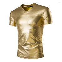 メンズTシャツシャツメンTシャツhommeナイスナイトクラブファッション光沢のあるゴールデンスライバーvネックTシャツ潮brandスリムフィットショートスリーブ