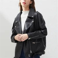 Women&#039;s Leather Faux Fitaylor PU Jacket Women Loose Sashes Casual Biker s Outwear Female Tops BF Style Black Coat 220921