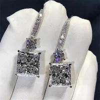 Victoria Luxury Jewelry 925 Sterling Silver Princess Cut White Topaz Platinum Plated Diamond Dangle Earring Women Bridal Hook E274y