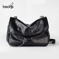 Сумки для плеча Bisonjs Rhombus Black Rock мягкая однократная косой шнурная цепная сумка роскошные сумочки для женщины 2022 PU кожаный посланник