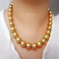 Nowa biżuteria Pearl Wspaniała Ogromna 13-15 mm Morze Południowe okrągły złoty naszyjnik perłowy 18 cali 204M