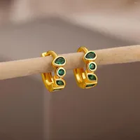 Hoop Earrings Cute Green Zircon Waterdrop For Women Minimalist Stainless Steel Gold Color Round Circle Earring Fashion Jewelry