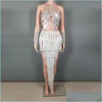 Party Decoration Sexy Lady White Rhinestone Tassel Evening Dress Bar Nightclub Singer Ds Belly Dance Suit Stage Performance Drop Deli Dh029