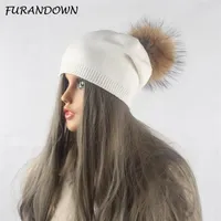 FURANDOWN Winter Autumn Pom Pom Beanies Hat Women Knitted Wool Skullies Casual Cap Real Raccoon Fur Pompom Hats312G