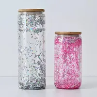 16oz 20oz Sublimation Glass Tumblers Pre-drilled Clear Doubel Wall For Snow Globe Can Shaped Drinking Mugs with Bamboo Lid Plastic straw