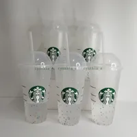 Starbucks 24OZ Starbucks Dome Cover Rainbow Plastic Tumbler Reusable Transparent straw Clear Drinking Flat Bottom Cup Pillar Shape Lid Straw Mug