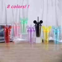 15oz Mouse Ear Tumblers mouse cup with Dome Lid 450ml Acrylic Cups Straws Double Walled Clear Travel Mugs Cute Child Kid Water Bottles