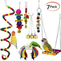 7Pcs set Pet Parrot Hanging Toy Chewing Bite Rattan Balls Grass Swing Bell Bird Parakeet Cage Accessories Pet Supplies272N