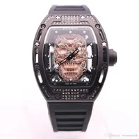 Bateria de quartzo transparente Boyuheng 43mm Diamante Holl Skull Skeleton Gold Dial Watches Mens Pin Buge Buckle Watch Wristwa255z