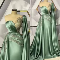 Green One Shoulder Satin Prom kl￤nningar Arabiska tyllspets Applique Ruched Sweep Train 2022 Women Formal Party Evening Gowns BC12337