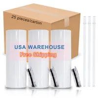 USA STOCK White Blank 20oz Sublimation Straight Tumbler Insulated Cylinder Water Cup DIY Heat Transfer Printing Double Wall Thermos Drinkware With Plastic Straw