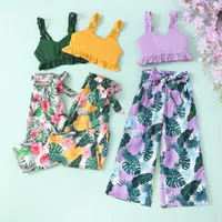 kids Clothing Sets Girls flowers outfits children ruffle Sling Tops floral print pants 2pcs set summer fashion baby clothes Z6982