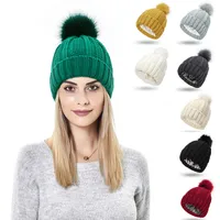 Protect Hair Satin Inside Women Knitted Beanie Pompom Fur Ball On Top Lady Winter Snow Beanies Keep Warm Skull Caps