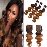 Brazilian Blonde Virgin Hair 3 Bundles with Lace Closure Colored 4 30# Ombre Body Wave Human Hair Weaves Extensions With Lace Clos293v