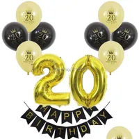Decoração de festa Balão de 20 anos Balão Feliz Banner Número 20 Balões Digital Bolas Decorações Negras Gold Drop De NerdsRopeBags500mg Dhal8