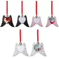 Sublimation Angel Wings Ornament Heat Printing Christmas Pendant Thermal Transfer Metal Pendants With Red Ribbon Gift BBB15618