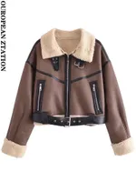 여성용 재킷 여성 세련된 패션 두꺼운 따뜻한 가짜 시어링 재킷 코트 빈티지 긴 슬리브 벨트 헴 암컷 겉옷 탑 220922