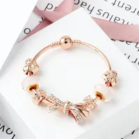 Strands fashion rose gold shining bow bracelet 18-20cm love charm glass bead jewelry whole218p