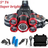 15000 Lumens 5 LED Headlamp T6 Headlight 4 modes Zoomable LED Headlamp Rechargeable Head Lamp Flashlight 2 18650 Battery AC DC Charger 252B