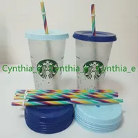 Starbucks 24OZ 710ml Starbucks Rainbow Plastic Tumbler Reusable Clear Drinking Flat Bottom Cup Pillar Shape Lid Straw Mug Bardian 50pcs