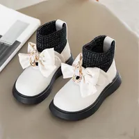 Boots Little Kid Knit Ankle Pu For Girl Metal Buckle Bow Shoes Slip On Winter Short Plush Warm Bbay Child Boot Size 21-30 220921