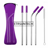 Drinking Straws 4pcs set Reusable Stainless Steel With Silicone Tips Clean Brush & Neoprene Bag Wedding Party Favor Travel Bar Tool