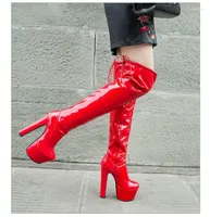 Boots Women Platform Over The Knee Sexy 17cm Super High Heels Red Patent Läder Long Woman 2022 Winter Black Shoes896