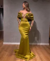 Gold Elegant Evening Dresses Long Sleeves Deep V Neck Lace Appliques Sequins Satin Floor Length High Fashion Sexy Celebrity Plus Size Party Gowns Prom Dress