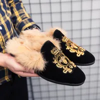 Fashion Half Drag Men Shoes Winter Furry Faux Suede Embroidered Slip-on Baotou Slingback Comfortable Casual Daily AD198