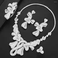 Necklace Earrings Set LARRAURI 2022 Luxury Women Wedding Nigerian CZ Flower Collar Dangle Bangle Ring