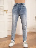 Film casual abiti regolari femminili classici classici ad alto ascesa jeans medio lavaggio ad alta vita jeans strappato