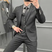 Suits Blazers Vest 2021 Fashion Boutique Striped Slim Men Slim Business Casual Suit 3Pcs Set Groom Wedding Dress Smoking S4XL J220906