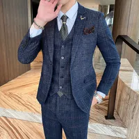 Suits Blazers Vest 2021 Spring New Fashion Gentleman Men Plaid Leisure Suit Jacket Sets England Simple Groom 3 Piece S5XL J220906