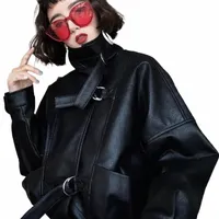 ftlzz New Oversize Women Faux Leather Jacket Batwing Sleeve Moto Biker Short Zipper PU black Jacket Spring Street Leather Coats1 J4s4#