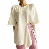 Женская футболка Genayooa O-образное с коротким рукавам с коротким рукавом рыхлая корейская футболка женская одежда 2021 летняя рубашка Split Tee Femme Streetwear 03e5#