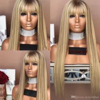 Fashion long natural brazilian lace front wig with bangs brown roots ombre honey blonde wig synthetic hair for africa women2451